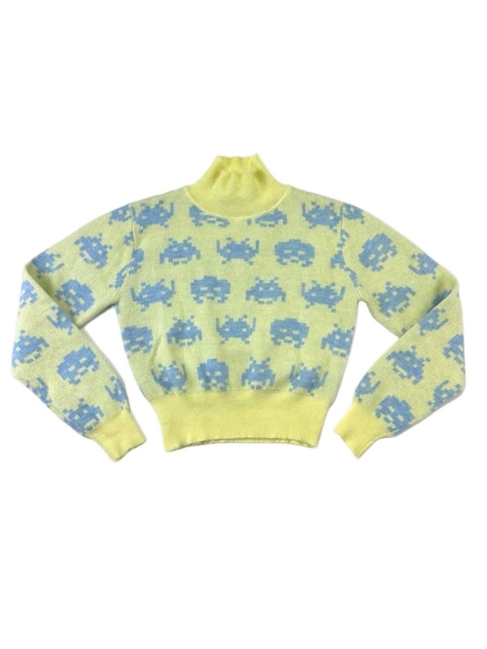 Zara Space Invaders crop yellow soft blue turleneck sweater Medium Pastel Retro